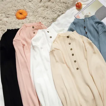 

Pink Ruffles Sweater Women Button Half Turtleneck Basic Pullover Women Knitted Jumper Ladies Tops Spring Winter Long Sleeve W190