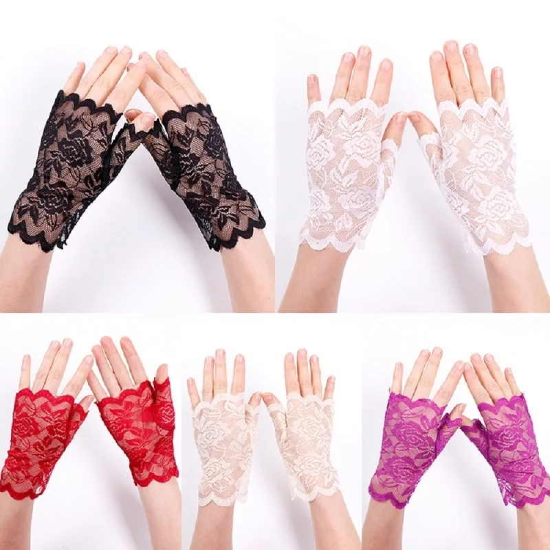 Guantes finos sin dedos para mujer, protección solar, para conducción al aire libre, protección solar UV, malla Sexy, encaje Floral, primavera y verano