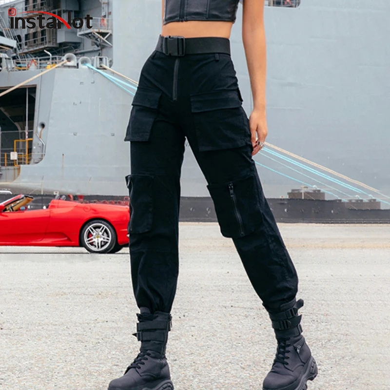 InstaHot черные женские брюки-карго с карманом уличные Беговые брюки в повседневном стиле Высокая Талия свободная женская брюки корейский стиль байкерские брюки-Капри