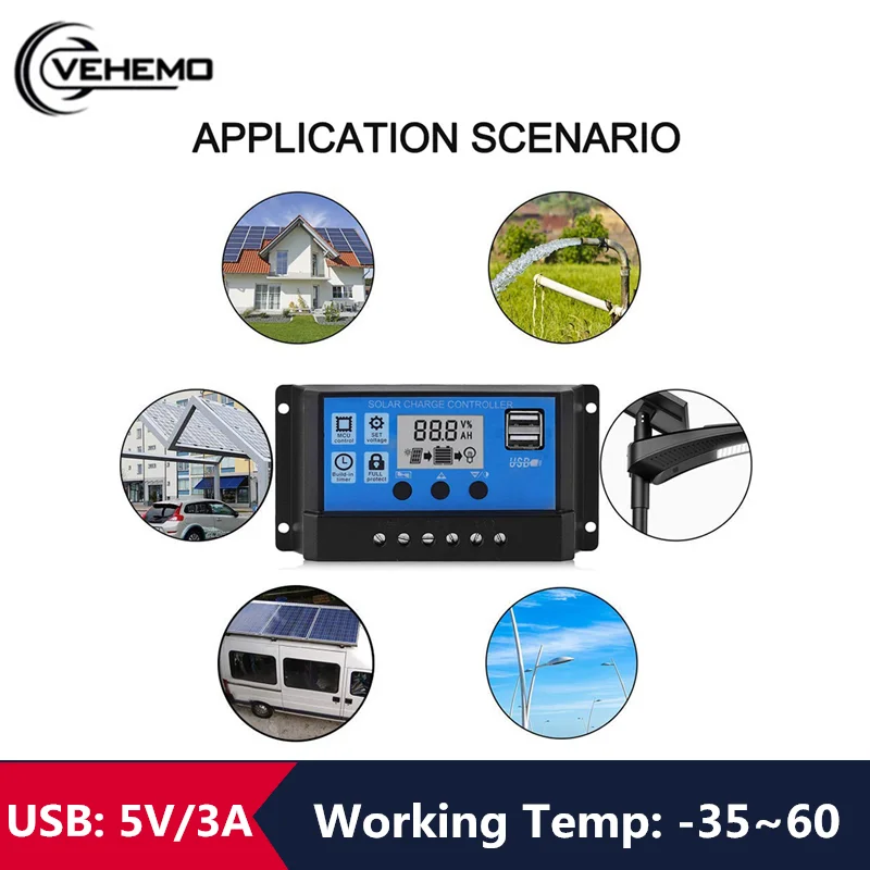 Контроллер Vehemo MPPT 10A-100A 2 USB-порта 10000-50 А автоматическая зарядка от солнечной