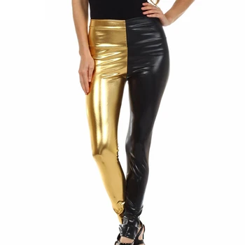 

Color Block Sexy Metallic Leggings High Waist Shiny Wet Liquid Look Spandex Fitness Pants Dance Pencil Pants For Women