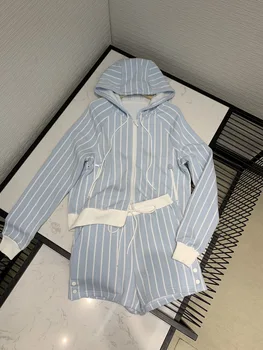 

Luxury Brand Cotton casual 2 pieces set 2020 autumn women all-match contrast striped Loose sports Jacket and shorts suit set New