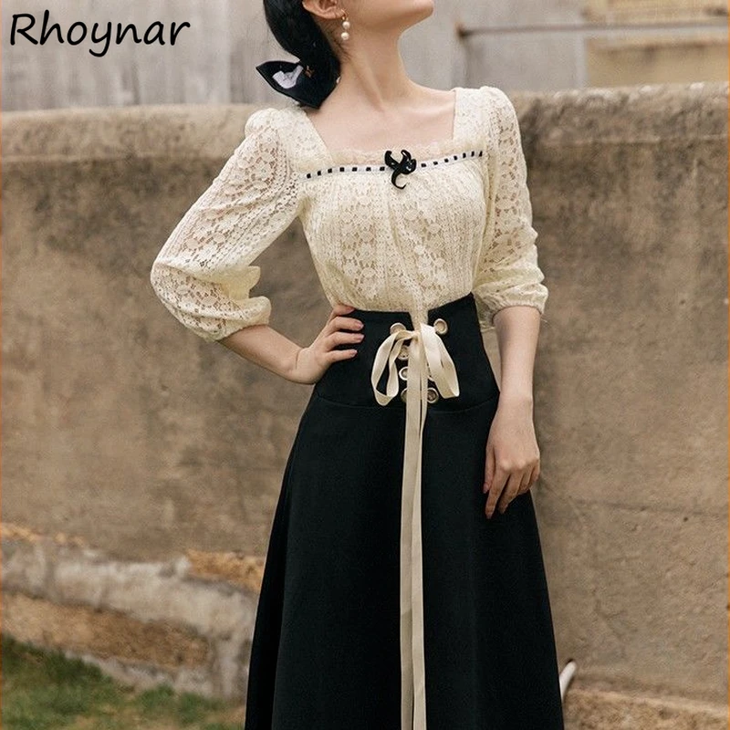 de moda Vintage para mujer, conjuntos de cuello cuadrado de diseño, faldas de media de los 90, moda Ins, vendaje dulce que combina con todo|Trajes de vestir| - AliExpress