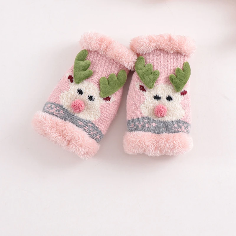 fingerless gloves for children plush knitted gloves Christmas deer writing knitting gloves ladies winter new double plus velvet