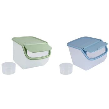 

2x Dried Food Storage Sealed Box with Measuring Cup Plastic Kitchen Cereal Flour Rice Bean Grain Container Blue & Green