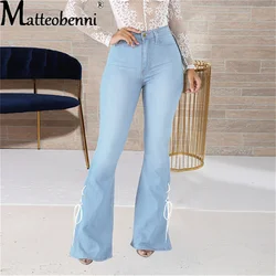 Nova calça jeans feminina flare calças moda casual de cintura alta criativo rendas up denim bootcut calças femininas mãe namorado azul jeans