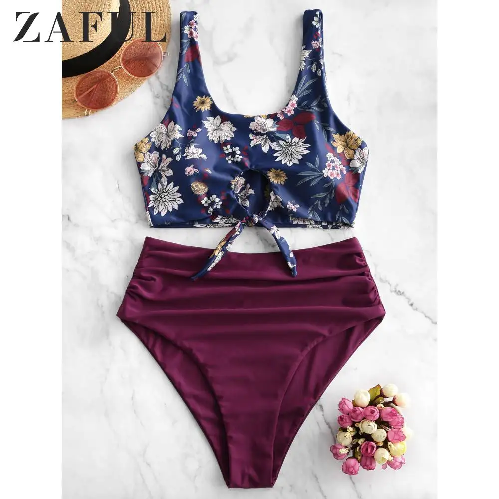 

ZAFUL Floral Knot Cutout Ruched Tankini Swimsuit For Women Wire Free U Neck High Waisted Padded Tie Front Removable Padded