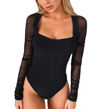 

2020 Spring And Summer Bodysuit Sexy Perspective Mesh Long Sleeve Stitching Pleated Square Collar Slim Bodysuit for women