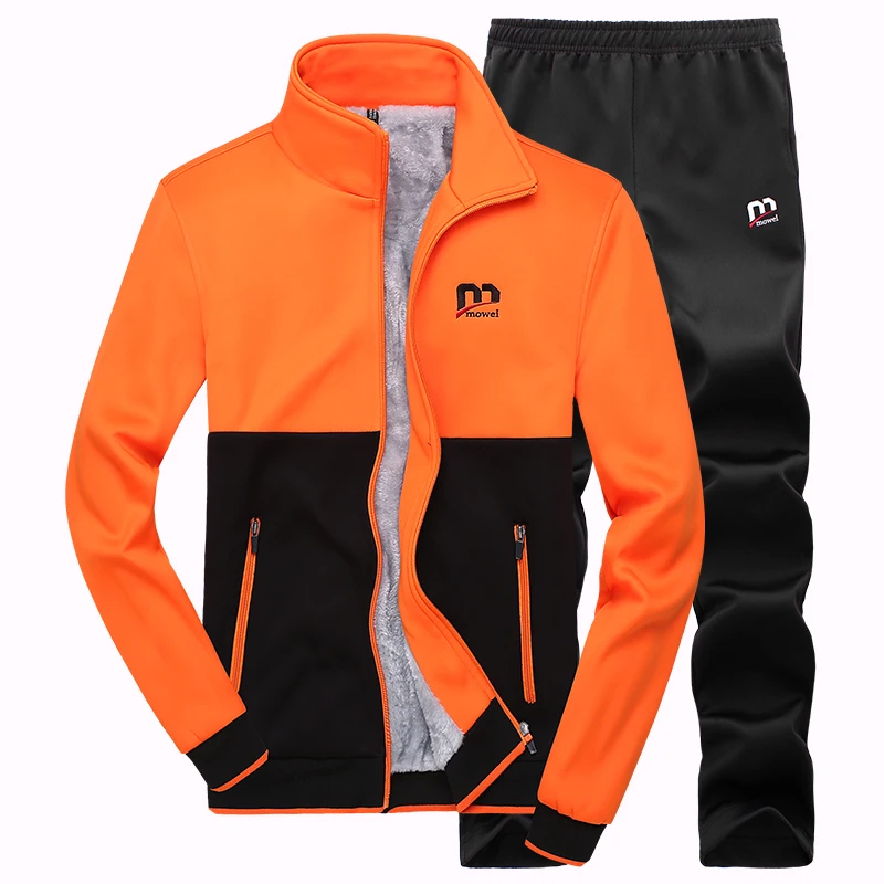 TZ214 Orange Warm Модные зимние теплые утолщенные флисовые куртки мужские штаны повседневные разноцветные 2 шт. спортивные комплекты для бегунов Мужская спортивная одежда мужской спортивный костюм - Цвет: TZ214 Orange Warm