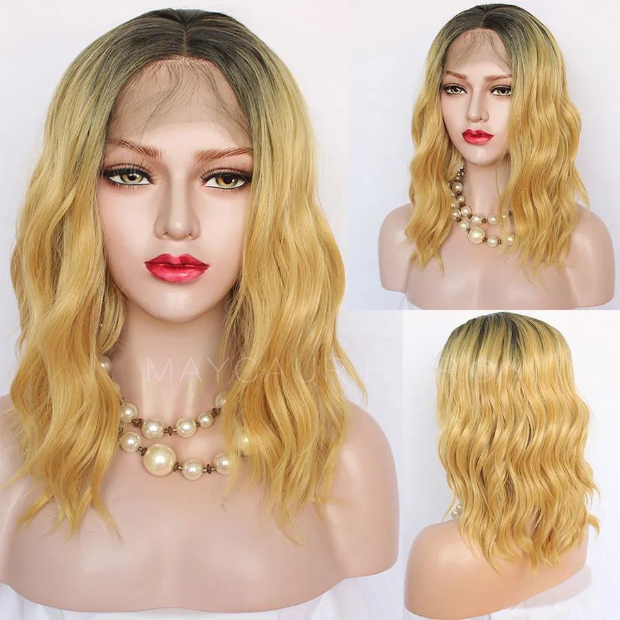 Maycaur Black Yellow Short Bob Lace Front Wigs for Black Women Synthetic Heat Resistant Soft Fiber Hair Wavy Wigs (1)