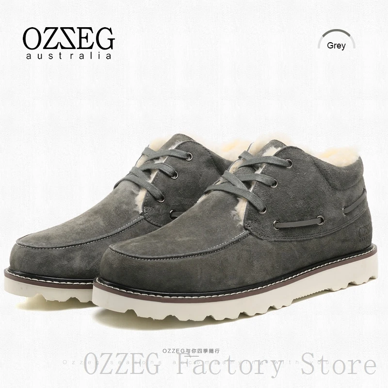 OZZEG/Роскошные брендовые классические зимние ботинки; мужские австралийские ботильоны из натуральной кожи; зимняя обувь на овечьем меху; обувь на шнуровке; OZ0044 - Цвет: Серый