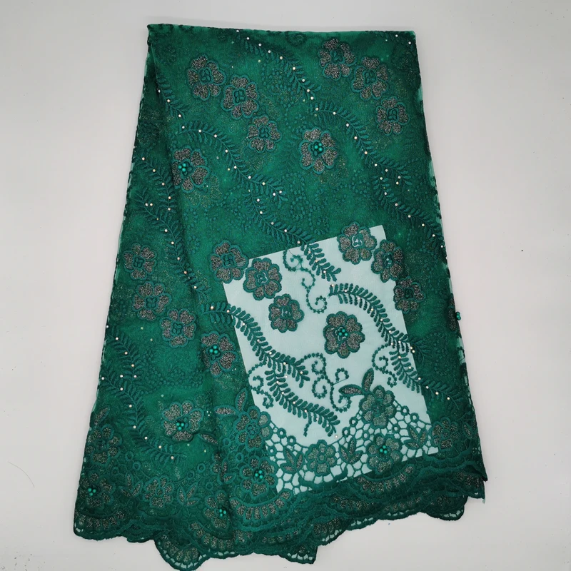 

Latest Nigerian green Tulle Lace Fabric High Quality Europe And American Fashion Fabric With Beads Stone French lace Fabrics