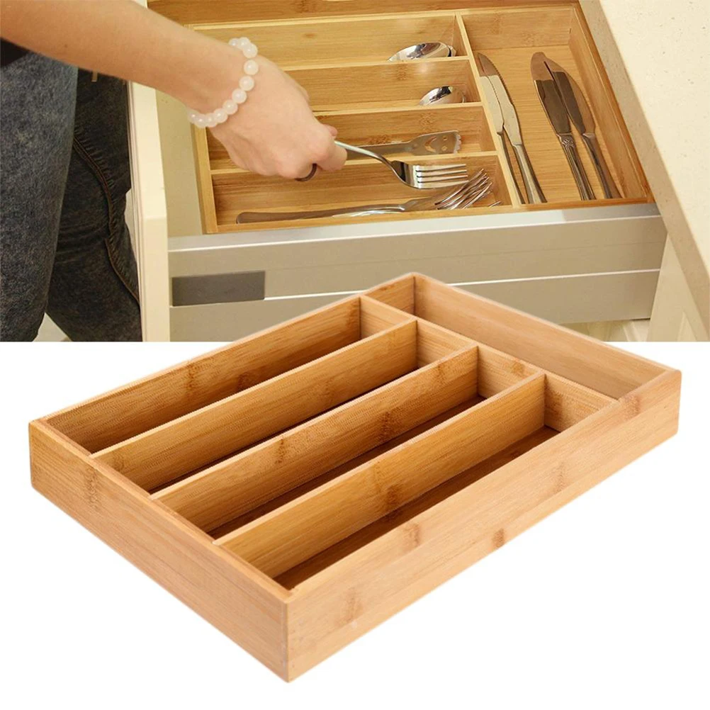 

5 Grid Kitchen Bamboo Cutlery Tray Storage Box Non-Retractable Tableware Storage Box Kitchen Jewelry Tools Drawer Organizer