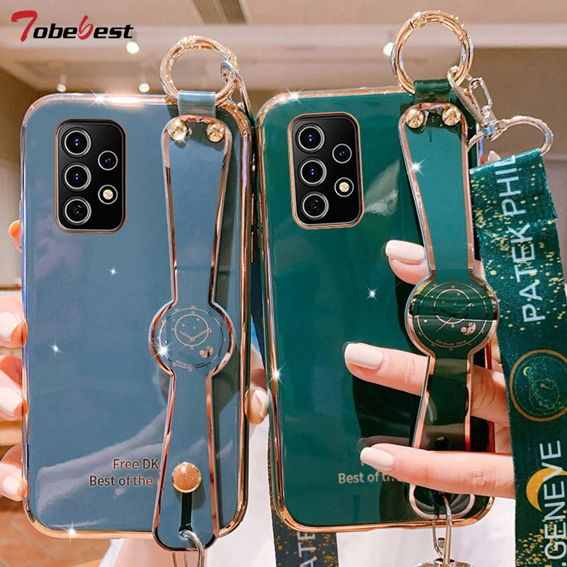 Lanyard Wrist Strap Hand Band Plating Silicone Case For Samsung Galaxy A12 A22 A32 A42 A52 A72 A82 4G 5G Soft TPU Cover cute samsung cases