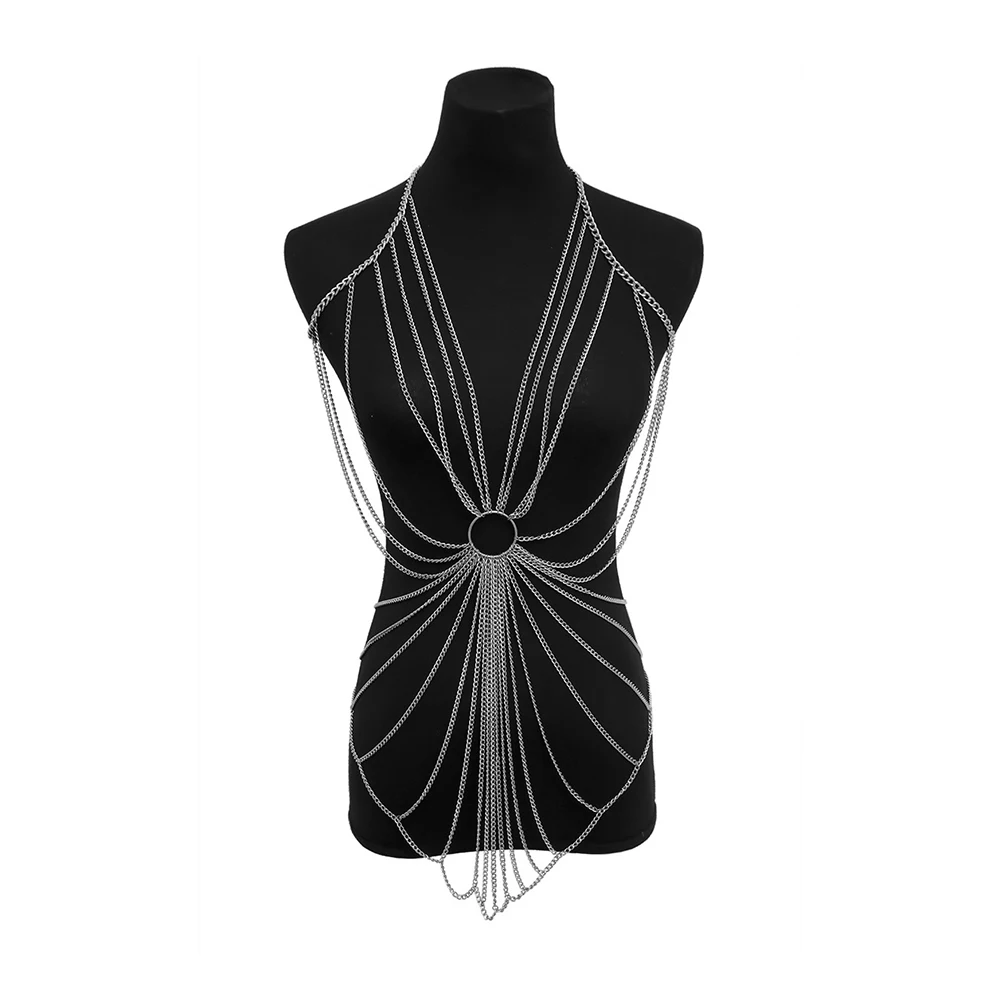 Sexy Multi-layer Fringe Body Chain Beach Bikini Crossover Silver Gold Body Chain Harness Necklace Chest Jewelry for Women