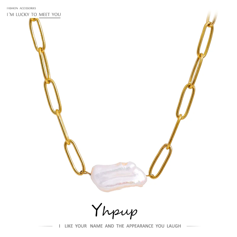 Yhpup Stainless Steel Natural Pearl Pendant Necklace Metal Chain High