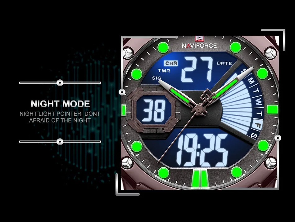 NAVIFORCE, мужские часы, цифровые, спортивные, Лидирующий бренд, Роскошные, мужские наручные часы, Военный стиль, натуральная кожа, светодиодный, кварцевые, модные мужские часы, 9172