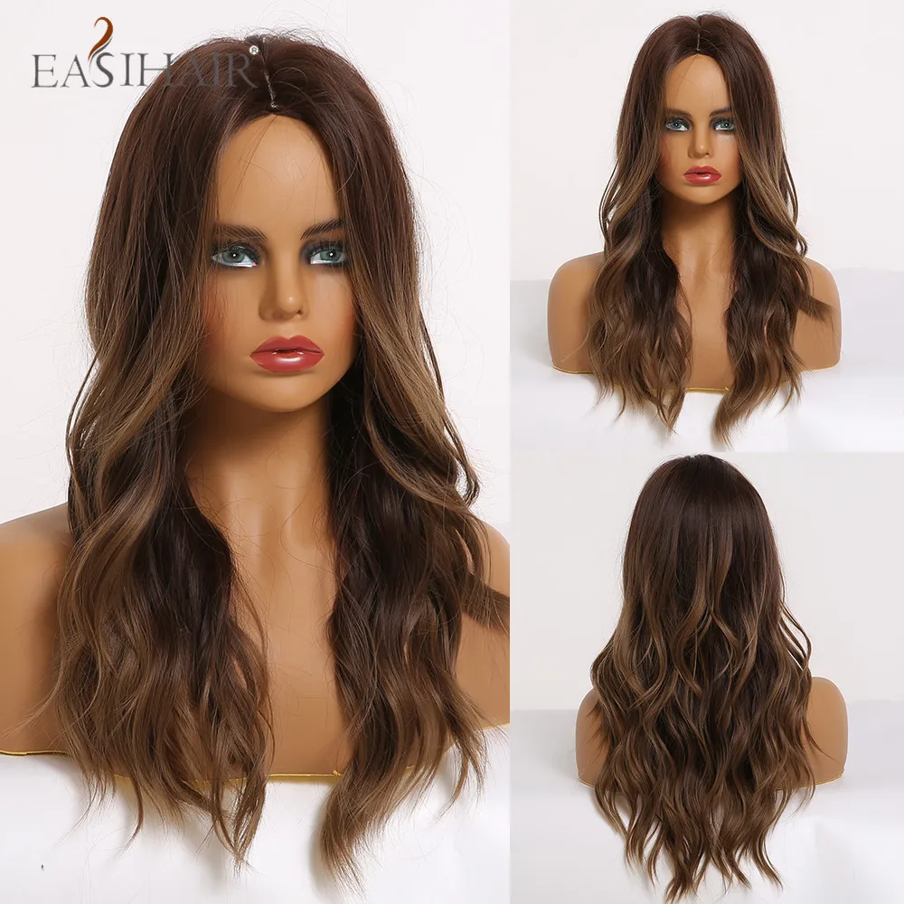 

EASIHAIR Long Ombre Brown to Blonde Wavy Wigs With Blonde Highlights Heat Resistant Synthetic Wigs for Women Cosplay Natural Wig