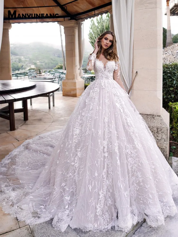 MANYUNFANG горячая Распродажа vestido de princesa infantil Свадебные платья с длинными рукавами китайский цвет кожи сзади бальное платье Свадебные платья