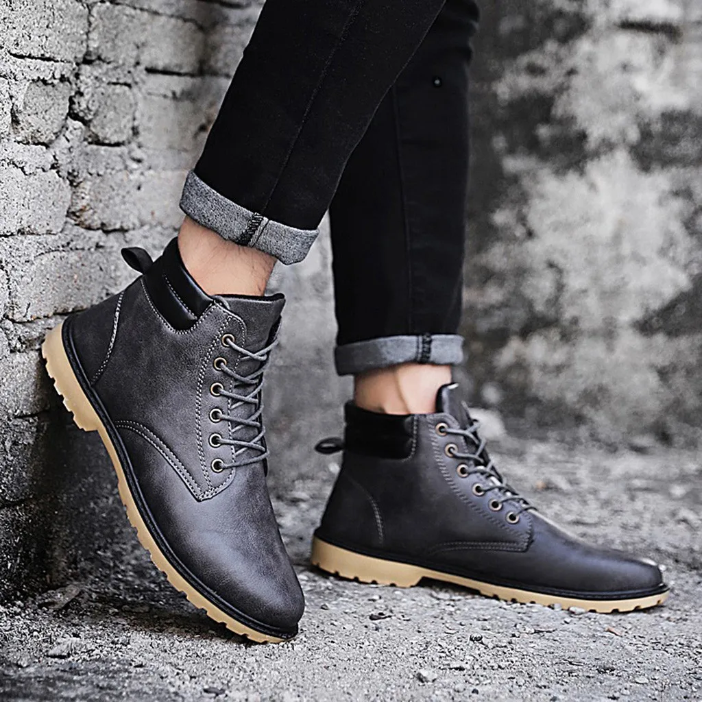 Low-heel Lace-up Men's Casual Lace Up Warm Ankle Motorcycle Boots Round Toe Outdoor Leather Male Student Shoes Zapatos De Hombre