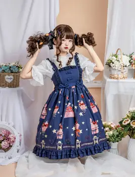 

New Straberry Dessert JSK Gothic Lolita Maid Court Dress Sweet Cute Printing Bowknot Height Waist Dress Lolita Cos costume