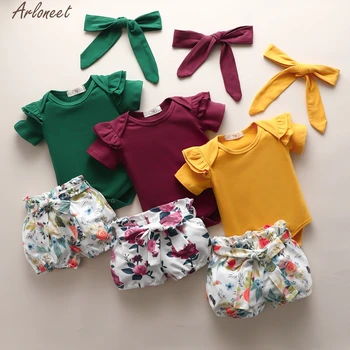

2020 Newborn Baby Girl Sleeveless Cotton Romper Ruffle Tops Floral Shorts Pants with Headbands Outfits Cute Set Clothes 0-24M