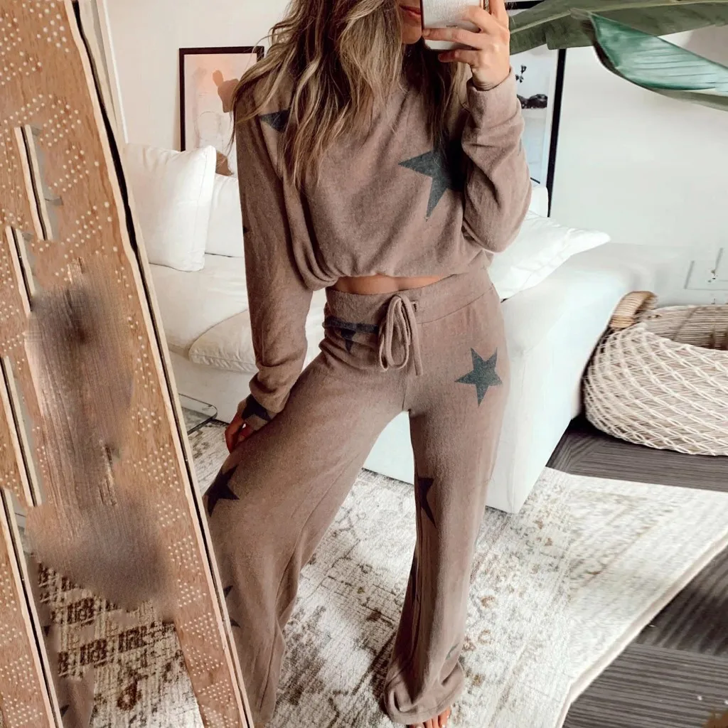 Autumn Women Stars Print Two Piece Set Long Sleeve Leisure Pocket Home Sweatpants Sets Loose Tracksuits Sportwear #3 |