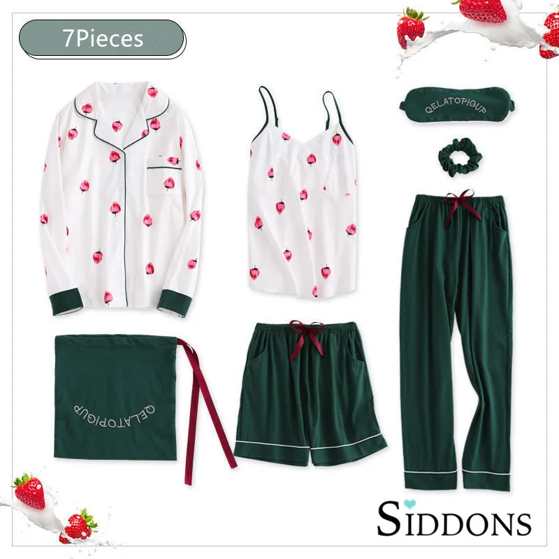 Lovely 7Pieces Set Pajamas Women Homewear Spring Cotton Long Sleeve Turn-down Collar Cardigan Sleepwear Cartoon Female Pyjamas