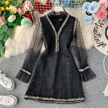 

Women's Dress Suit Lace Bottoming Shirt and Ladies Tweed Beaded V-neck Vest Dress Above Knee A-line Dress Two-piece Set ML407
