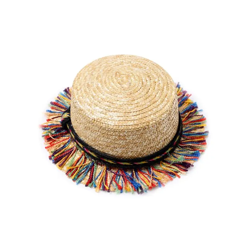 Для женщин Для мужчин унисекс летние пшеницы плетеная, из соломы солнцезащитный козырек шапка ботильоны в этническом стиле на цветастый плетёный кисточка с бахрамой декор с плоским верхом пляжные Су