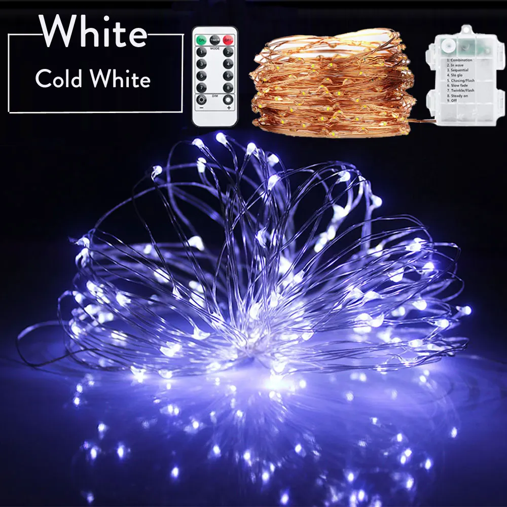 thumbnail image 1 of Guirnalda de luces navideñas con pilas, resistente al agua, 8 modos, mando a distancia, 50 LED, 100 LED, luces interiores, luces parpadeantes de cobre, 1 of 5