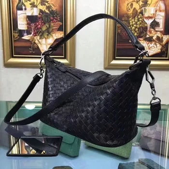 

Women's Handbag Genuine Lambskin Leather Woven Shoulder Carry Tote Bag Shopping Purse Brand Designer Luxury Fashion Black