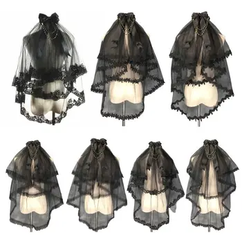 

2Layer Detachable Bowtie Wedding Veil Floral Lace Rim Black Tulle Mesh with Comb E15E