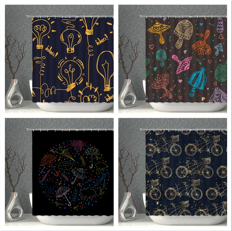 

Черная занавеска для душа из водонепроницаемой ткани с мультяшным красочным 3D принтом, набор штор для ванной, экран для ванной комнаты, для ванной комнаты, домашний декор с крючками