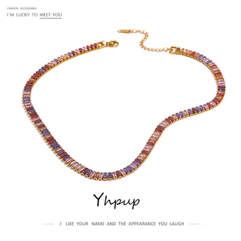 Yhpup New Colorful Cubic Zirconia Chain Necklace Stainless Steel Collar Trendy Necklace