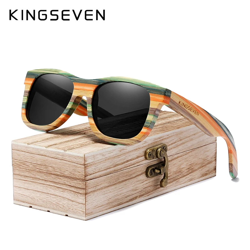 KINGSEVEN Ретро бамбуковые солнцезащитные очки для мужчин и женщин поляризационные зеркальные UV400 Солнцезащитные очки полная Рамка деревянные оттенки очки ручной работы - Цвет линз: Black