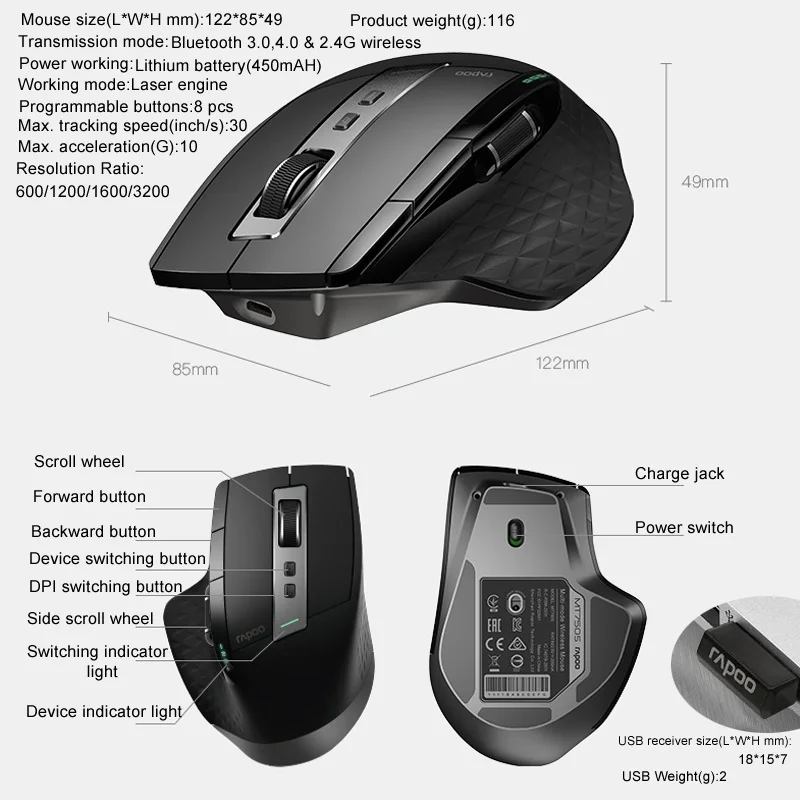 Беспроводная перезаряжаемая многорежимная Bluetooth мышь Rapoo 2 4G для бизнеса и