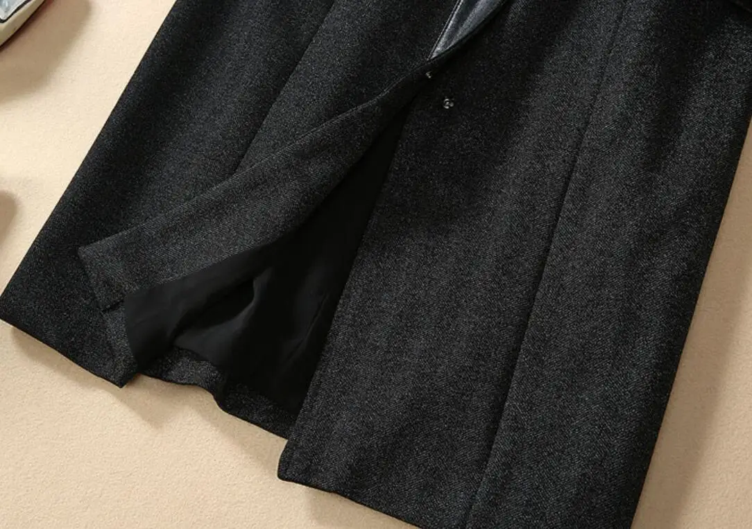 Осень Зима Мода Небольшой аромат шерстяное пальто для женщин Стенд воротник Тонкий pu лоскутное длинное пальто