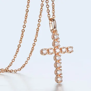

Rose Gold Color Cross Pendant Necklaces Crystal Cubic Zirconia Rolo Cable Link Chain Female Shiny Jewelry Gifts For Women GP408