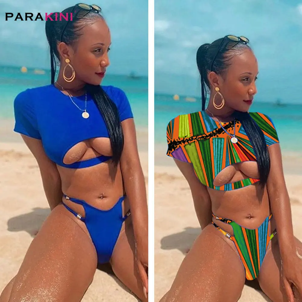 PARAKINI Hollow Out Bikinis Swimwear Women Swimsuit Short Sleeve Bikini Set Bandage Bathing Suit Summer Beach Wear Swimming Suit