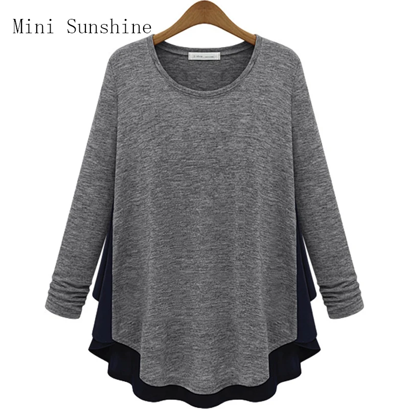 

Women Frill Trim Rib Knit T-shirt O neck Casual T shirt for Gray Block Long Sleeve Woman Plus Size T shirt Top z30