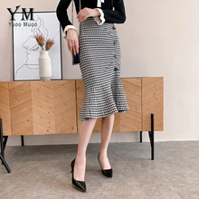 YuooMuoo Новинка Ins Женская клетчатая юбка русалки зимняя Элегантная Юбка До Колена с рюшами Женская юбка на кнопки в старинном стиле с завышенной талией