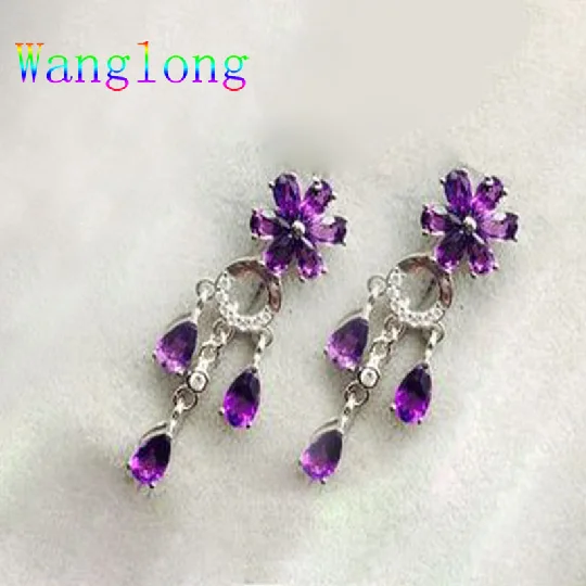 Wanglong 925 пробы серебряные серьги аметист Цветок Висячие 3*5 мм покрытые белым золотом свадебный подарок AAA циркон хорошее ювелирное изделие - Цвет камня: Фиолетовый