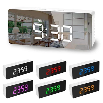 

1pc 14x50x3.4cm LED Display Alarm Clock Fuctions Button Digital Mirror Desk Clock Temperature Calendar Snooze Function with USB