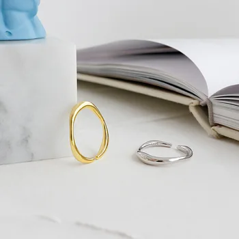 

YPAY 100% Pure 925 Sterling Silver Open Rings for Women Korea INS Simple Irregular Wave Adjustable Finger Ring Jewelry YMR1046