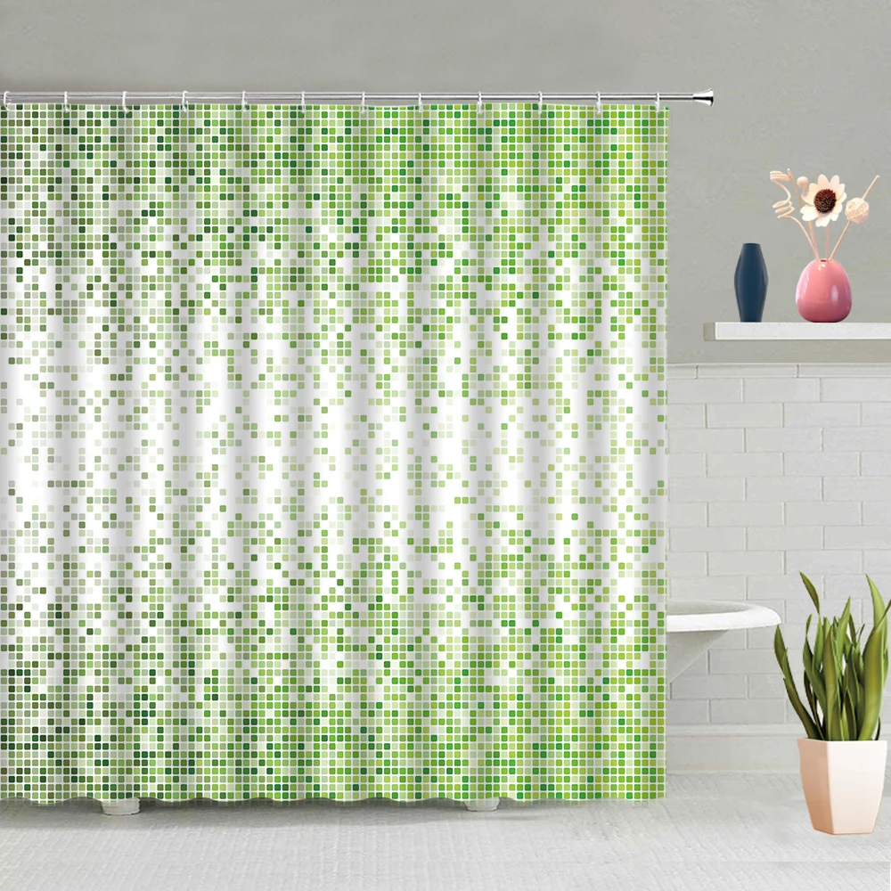 Grid Theme Shower Curtain Geometric Square Mosaic Shapes Design Bathroom Screens Waterproof Fabric Bath Curtains Hooks Decor