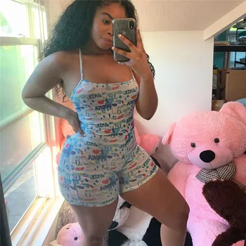 

2020 Women Cartoon Printed Rompers One-piece Sleeveless Halter Short Bodysuits Sleepwear Pajamas S-2XL