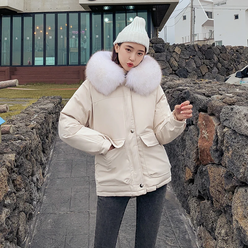 

Winter Down Cotton Short Parkas Women Faux Fur Collar Hooded Jacket Warm Loose Zipper Coat Casual Cotton Padded Outwear