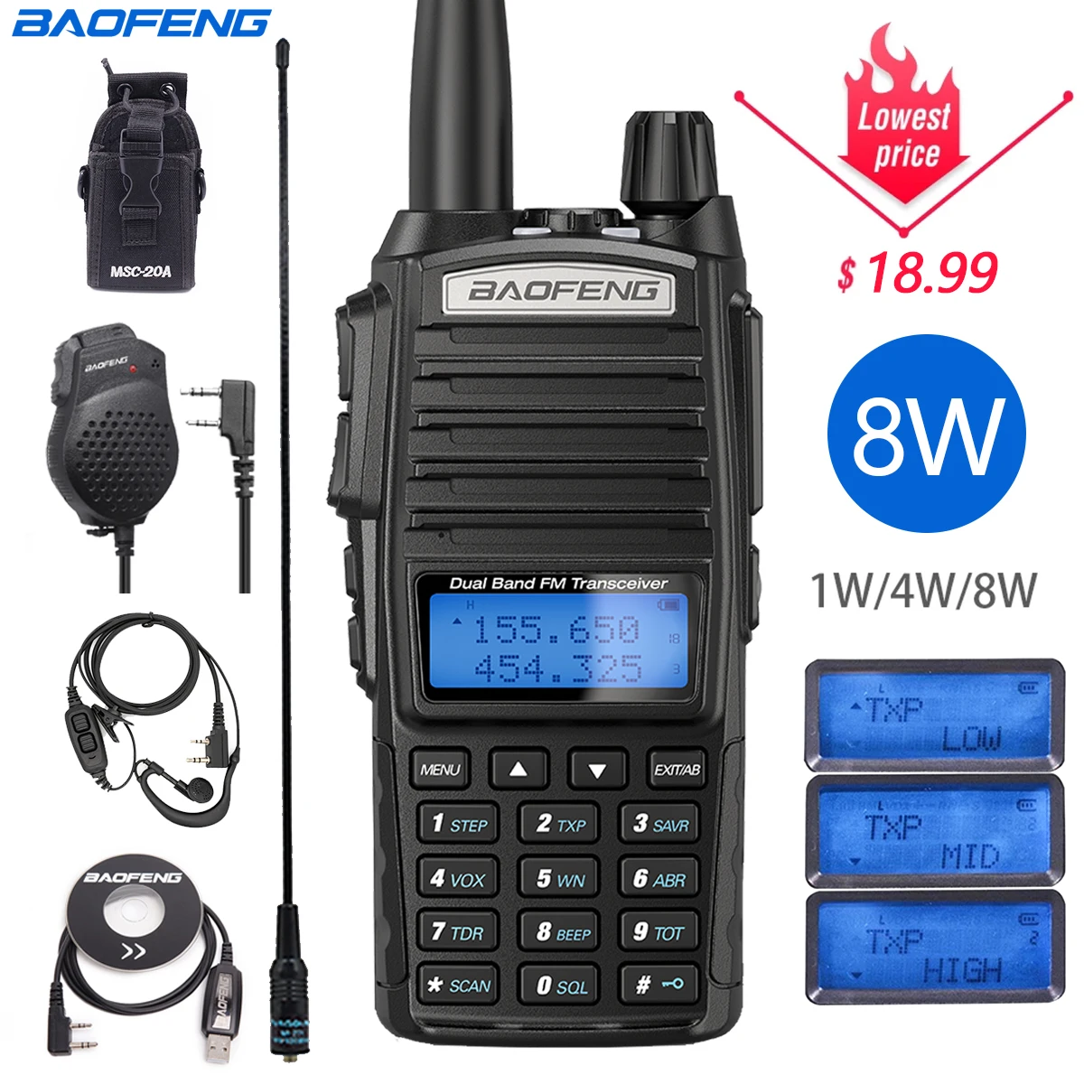 Baofeng-walkie-talkie UV-82 plus, 8w, 5w, portátil, dos PTT, banda Dual, VHF/UHF, 136-174/400-480MHz, Radio bidireccional CB Ham