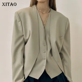 

XITAO Solid Color Pocket Blazers Women 2020 Autumn Tide Fashion New Korean Style V Neck Collar Long Sleeve Elegant Coat ZYQ4271